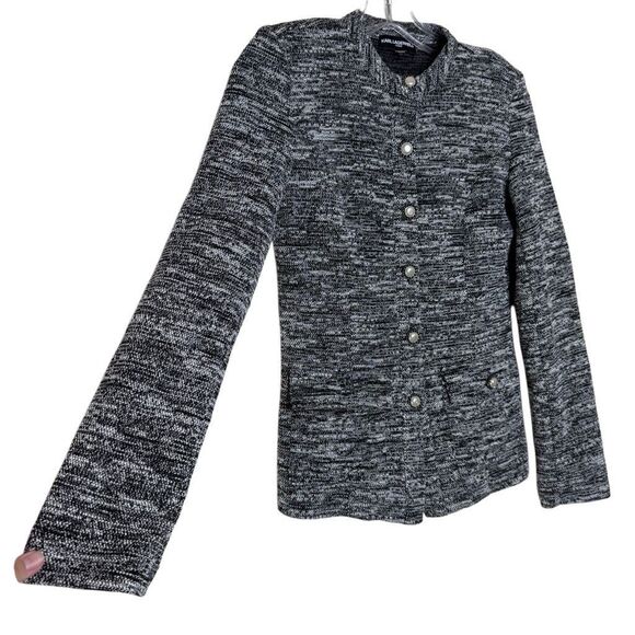 Karl Lagerfeld Grey Long Sleeve Tweed Blazer Jacket Size 2 Faux Pearl Button - Picture 7 of 10